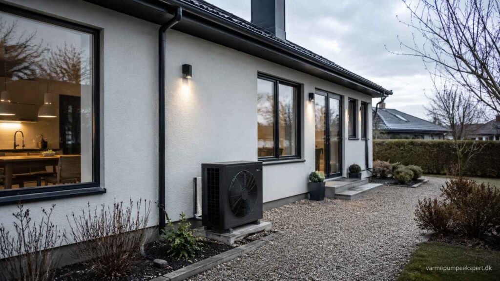 Luft til vand-varmepumpe installeret ved moderne dansk familiebolig på 100 m² med energieffektiv opvarmning og varm belysning i hjemmet på en kølig vinterdag.