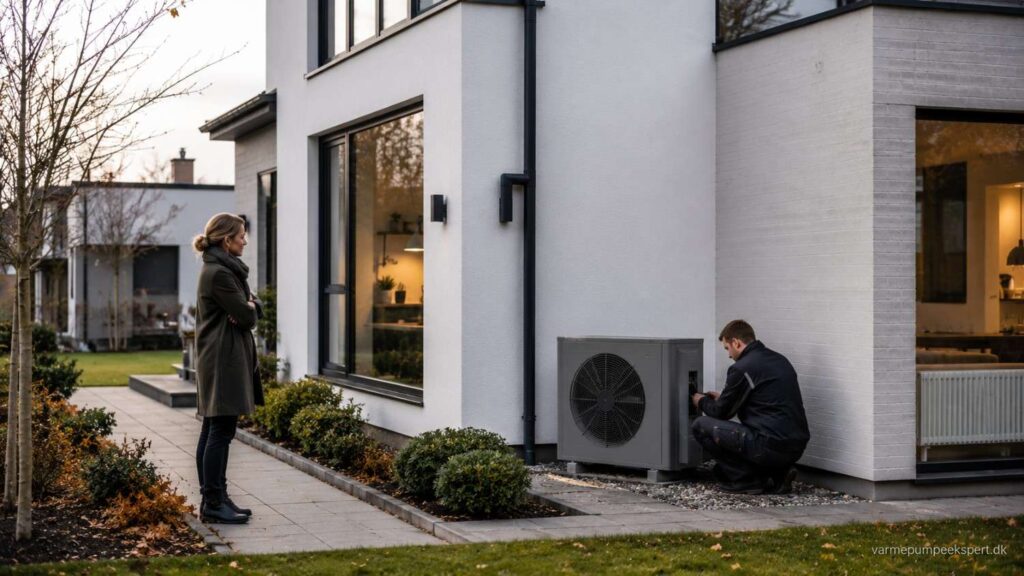 Luft til vand-varmepumpe installeret ved dansk familiehus med fokus på installationspris og professionel montering.