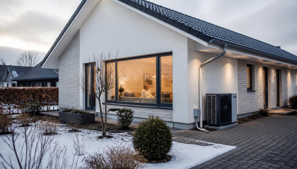 Energieffektivt hjem i Danmark med varmepumpe, der leverer stabil varme gennem vinteren ved et moderne parcelhus i et dansk villakvarter.