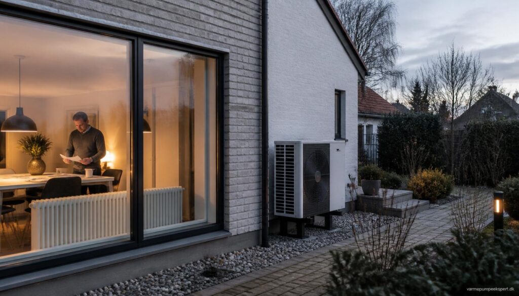 Luft til vand-varmepumpe installeret ved dansk helårshus med radiatorer, hvor boligejeren undersøger prisen på en energieffektiv varmeløsning.