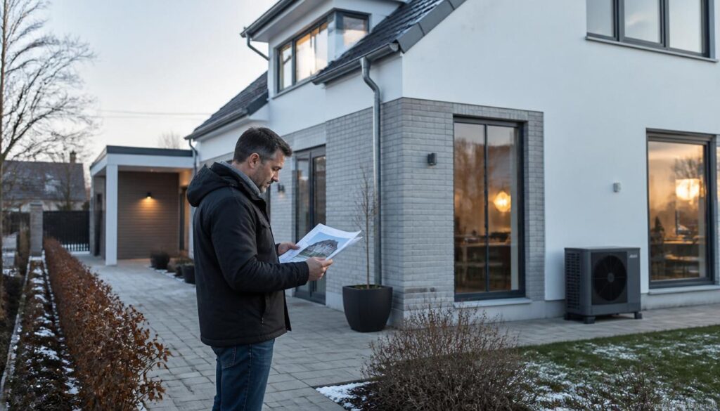 Varmepumpe ved dansk familiebolig, hvor boligejeren sammenligner løsninger for at undgå dyre fejl ved køb og installation af ny varmeløsning.