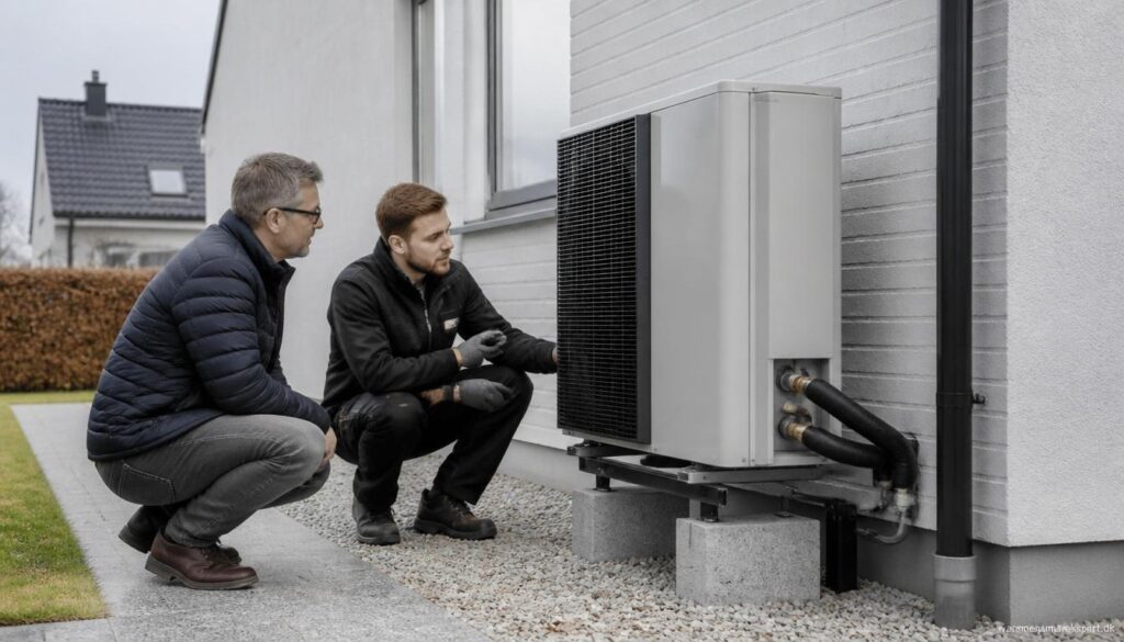 Varmepumpe installeret korrekt ved dansk helårshus med fokus på professionel montering og energieffektiv drift.