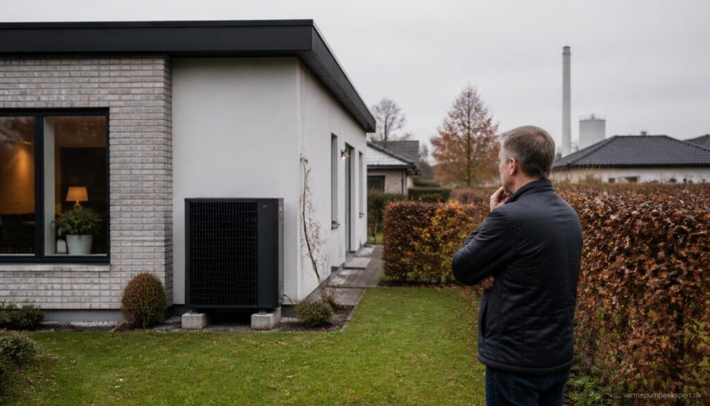 Boligejer vurderer om varmepumpe er den rette løsning ved dansk helårshus med fokus på økonomi, komfort og energiforbrug.