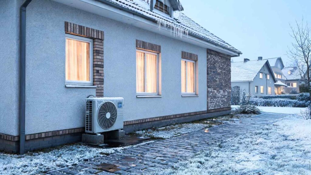 Luft til vand-varmepumpe ved nordisk familiehus med let isdannelse på udedelen under normale vinterforhold i Danmark