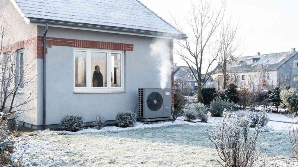 Energieffektivt hjem i Danmark med varmepumpe i frostvejr under normale vinterforhold og stabil opvarmning af boligen.