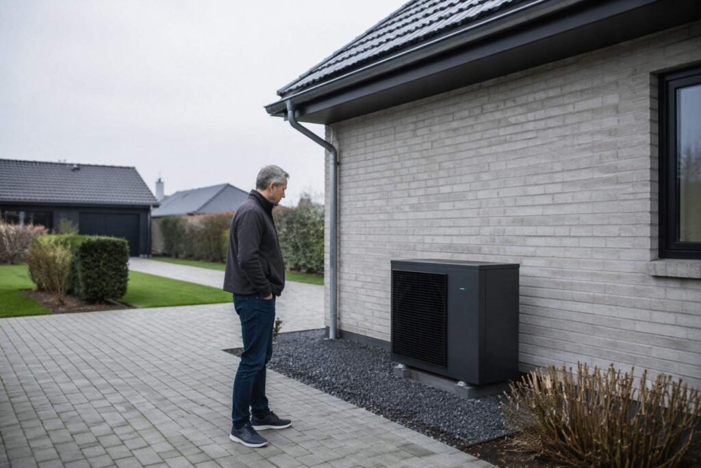 Varmepumpe installeret diskret ved dansk helårshus med fokus på optimal placering og fri luftcirkulation.