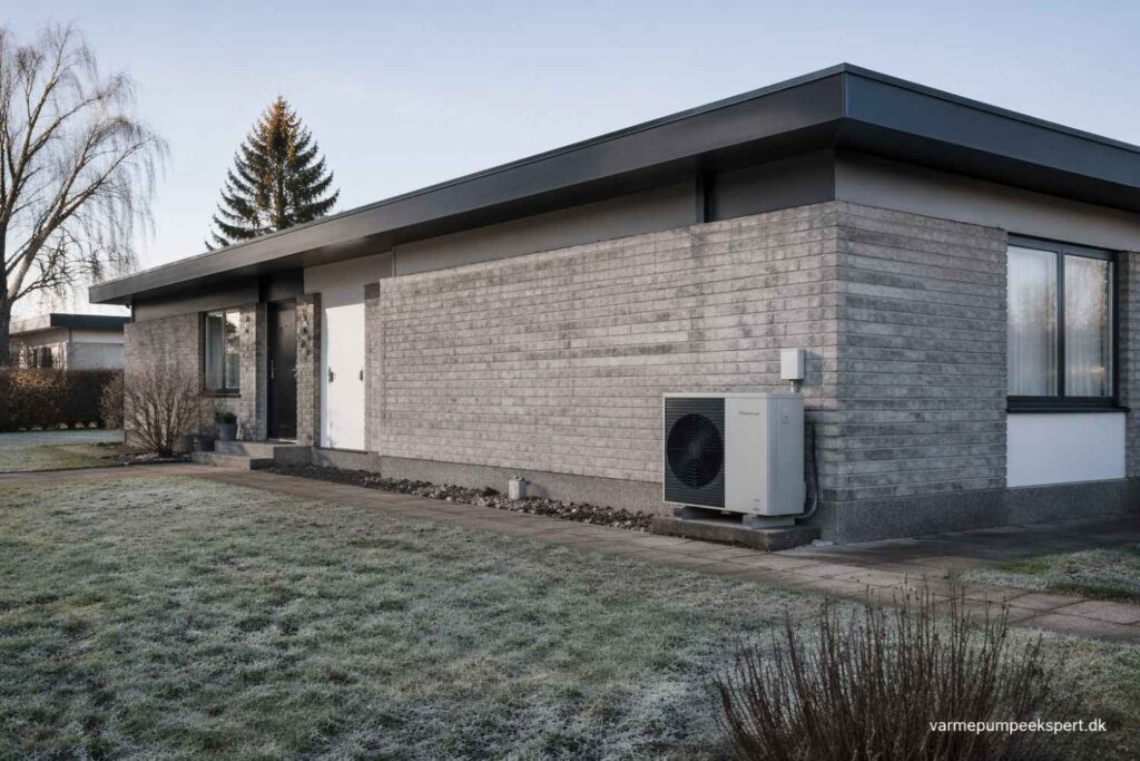 Energieffektivt ældre hus i Danmark med luft-til-vand-varmepumpe installeret som moderne varmeløsning.