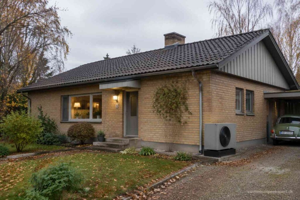 Energieffektivt ældre hus i Danmark med diskret installeret luft-til-vand-varmepumpe ved sidefacaden.