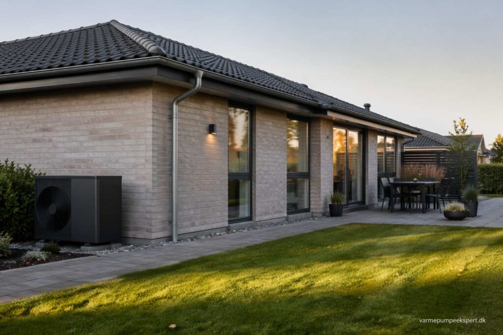 Energieffektivt mindre parcelhus med diskret installeret varmepumpe og fokus på komfortabel opvarmning i Danmark.