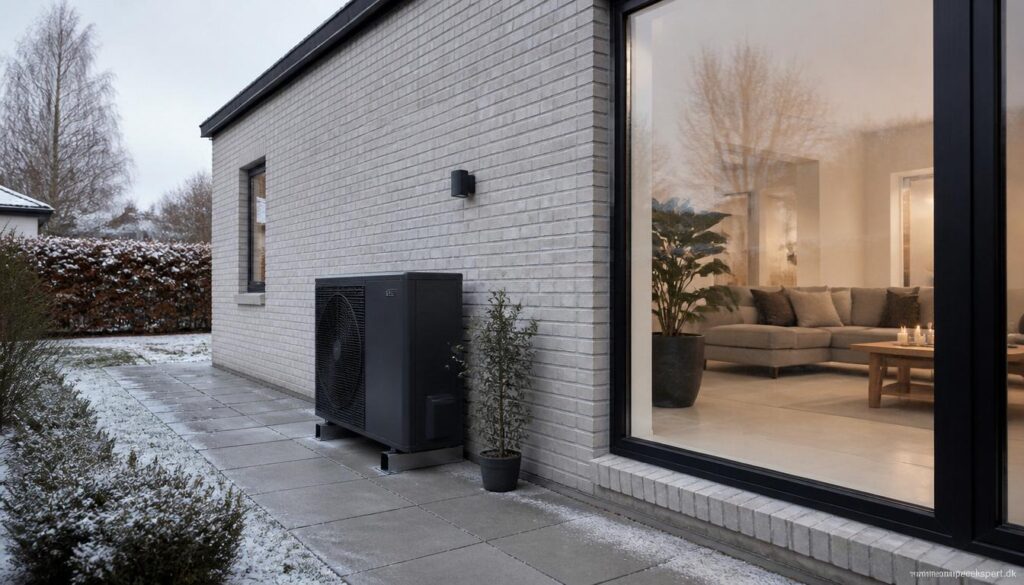 Luft til vand-varmepumpe ved energieffektivt dansk hjem med gulvvarme og fokus på pris og en samlet varmeløsning.