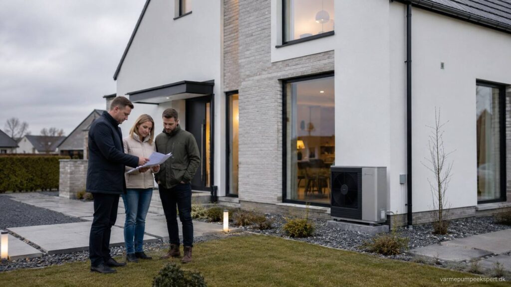 Energieffektivt 200 m² parcelhus i Danmark med diskret installeret luft til vand-varmepumpe og fokus på realistisk pris, komfort og energieffektiv opvarmning.