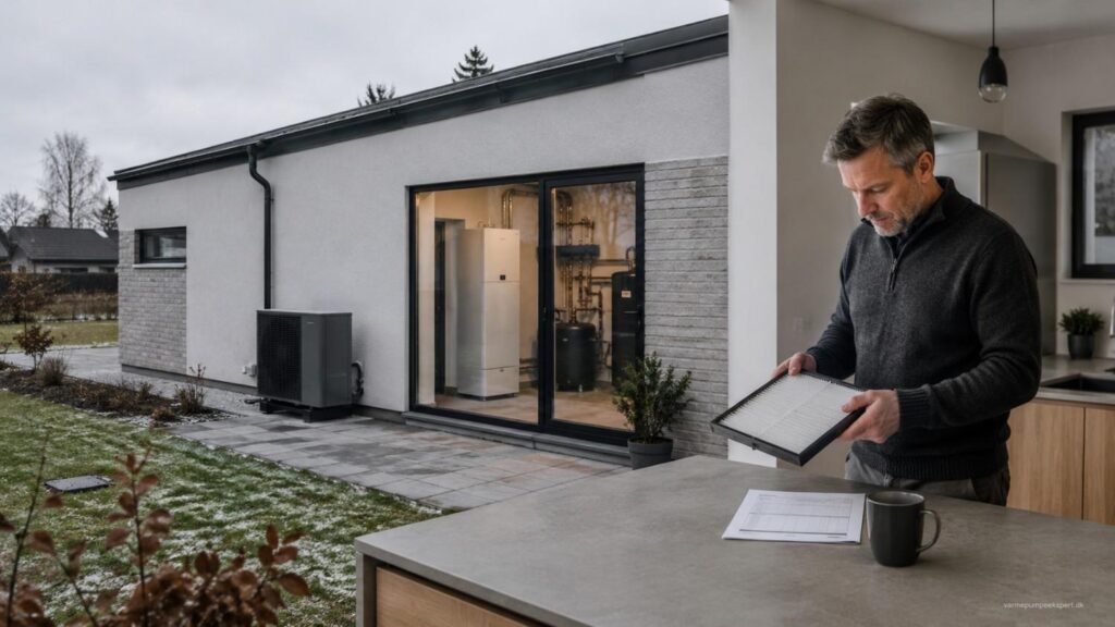 Energieffektivt hjem i Danmark med varmepumpe, hvor almindelig vedligeholdelse og de løbende omkostninger efter installationen illustreres i et realistisk boligmiljø.