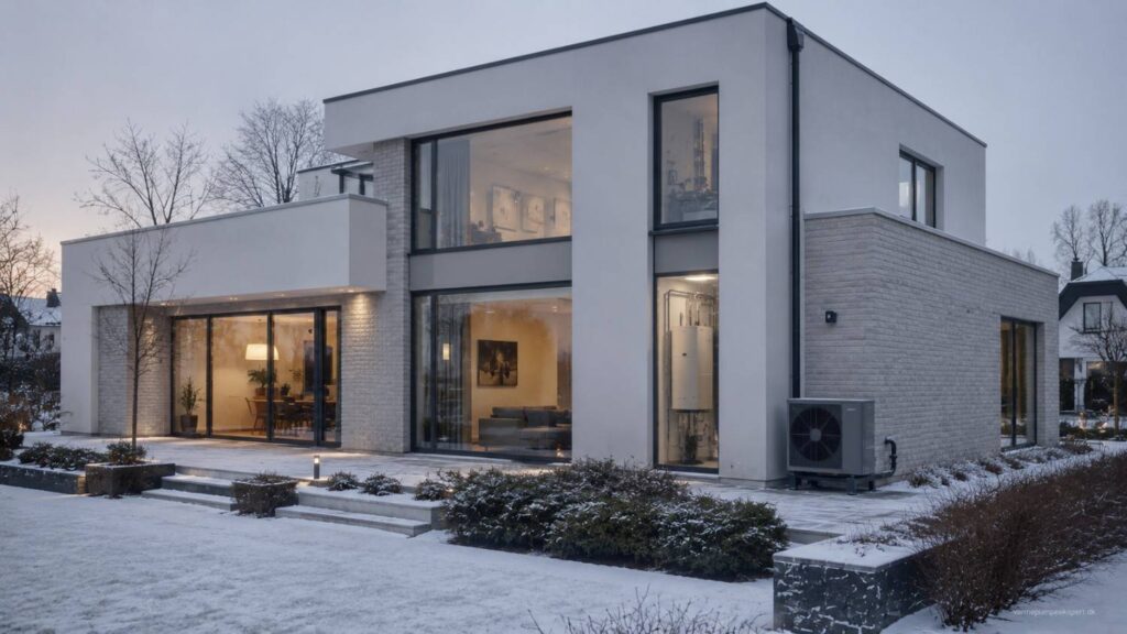 Luft til vand-varmepumpe ved nordisk villa, dimensioneret til et stort hus med vandbåren varme og diskret integreret i et moderne dansk boligmiljø.