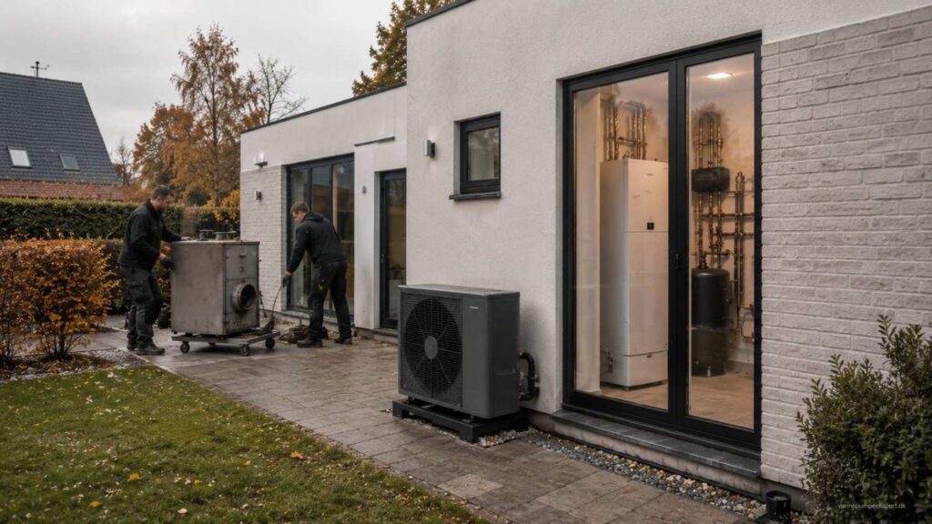 Varmepumpe installeret diskret ved dansk helårshus, mens et gammelt fyr fjernes som led i overgangen til en moderne og energieffektiv varmeløsning.