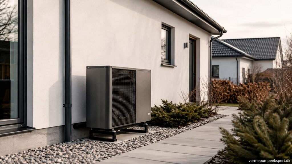 Varmepumpe installeret diskret ved dansk helårshus med moderne skandinavisk facade og roligt boligmiljø