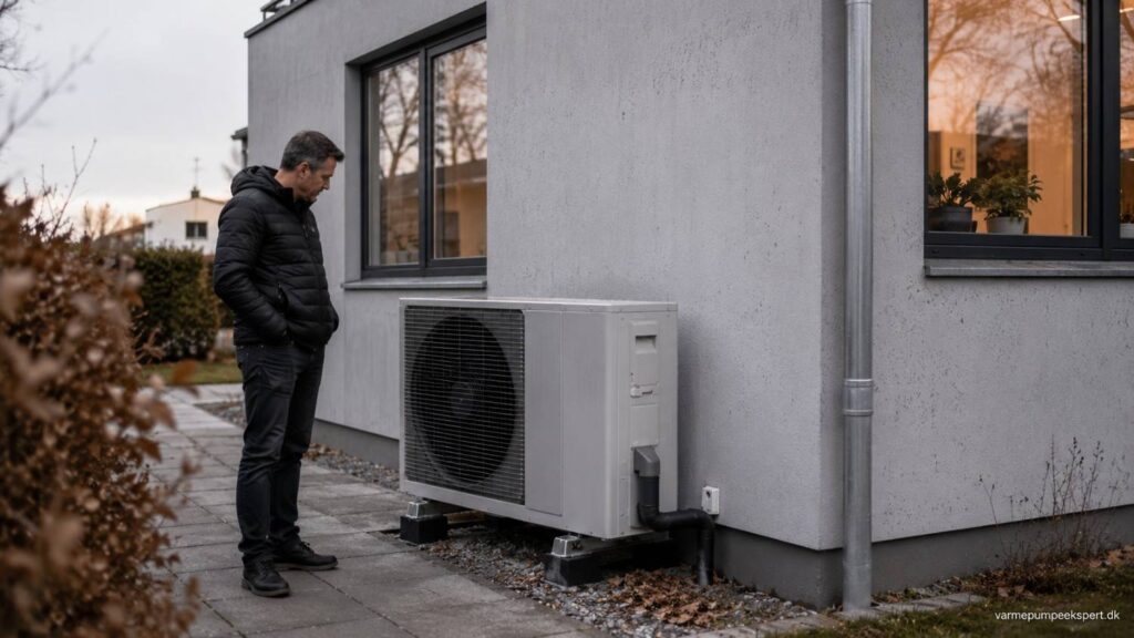 Varmepumpe ved dansk helårshus, hvor boligejer tjekker anlægget som tegn på behov for service.