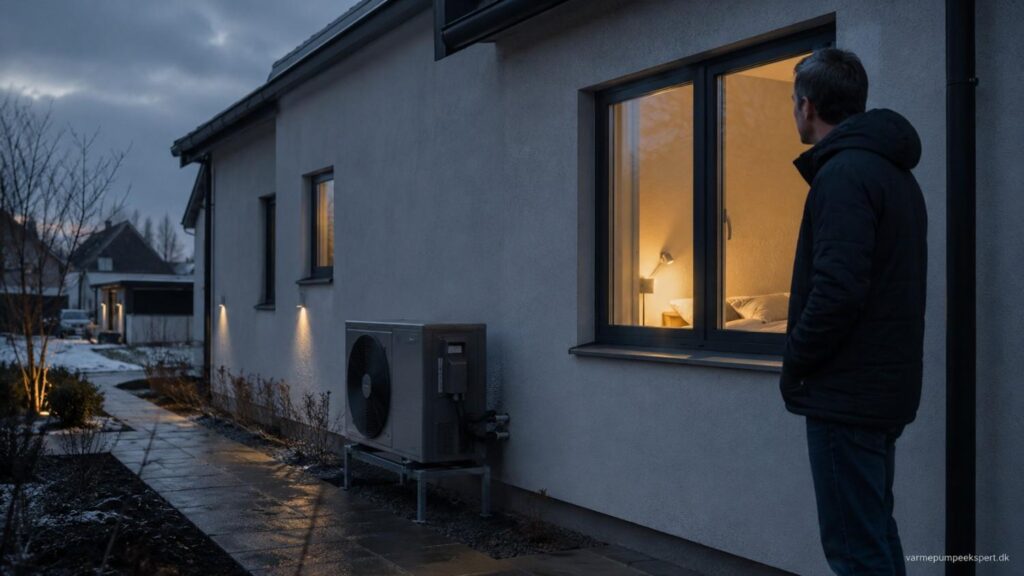 Varmepumpe ved dansk helårshus i vintermørke, hvor boligejer undersøger natlig støj fra udedelen.