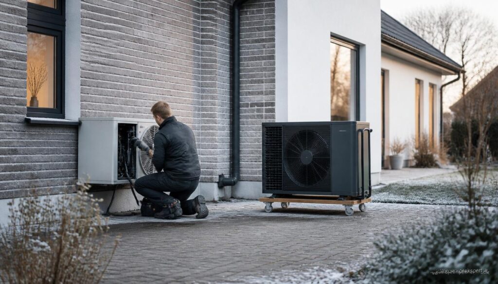 Luft til vand-varmepumpe udskiftes ved dansk familiehus som illustrerer prisen og processen ved installation af et nyt varmeanlæg.