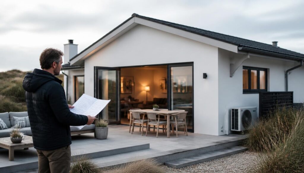 Luft til luft-varmepumpe installeret diskret ved et dansk sommerhus på 50 m² med fokus på komfort, energieffektiv opvarmning og realistisk prisniveau.