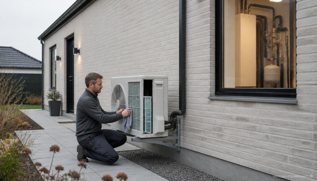 Energieffektivt hjem i Danmark med luft til luft- og luft til vand-varmepumpe, der illustrerer forskellen i vedligeholdelse mellem de to løsninger.