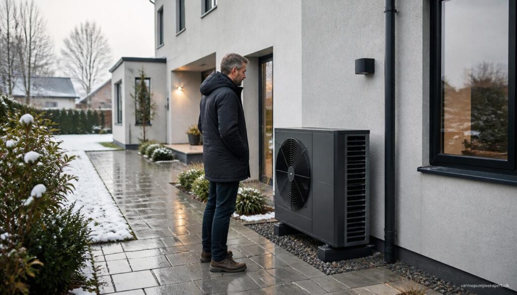 Boligejer ved dansk parcelhus vurderer, om det er tid til at udskifte en ældre varmepumpe.