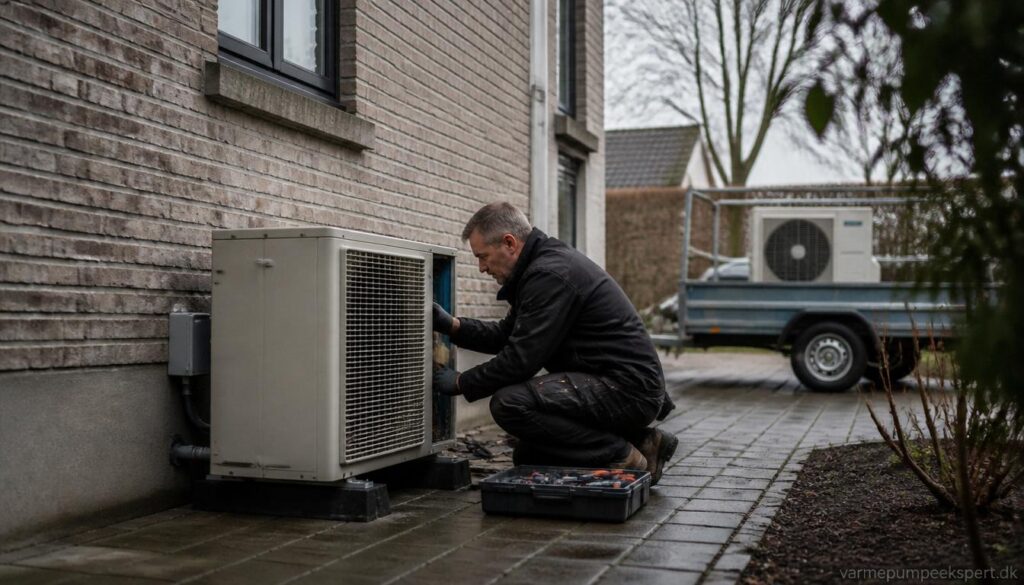 Ældre varmepumpe undersøges ved dansk familiehus som del af valget mellem reparation eller ny varmepumpe.