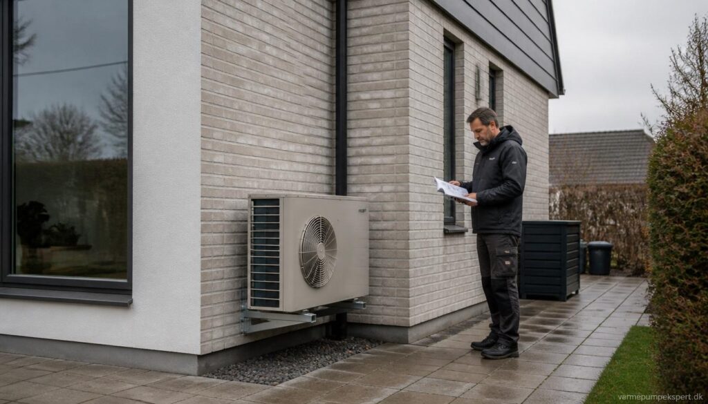Boligejer ved dansk helårshus med professionelt installeret varmepumpe, hvor fokus er på om man selv må montere en varmepumpe eller bør bruge en installatør.