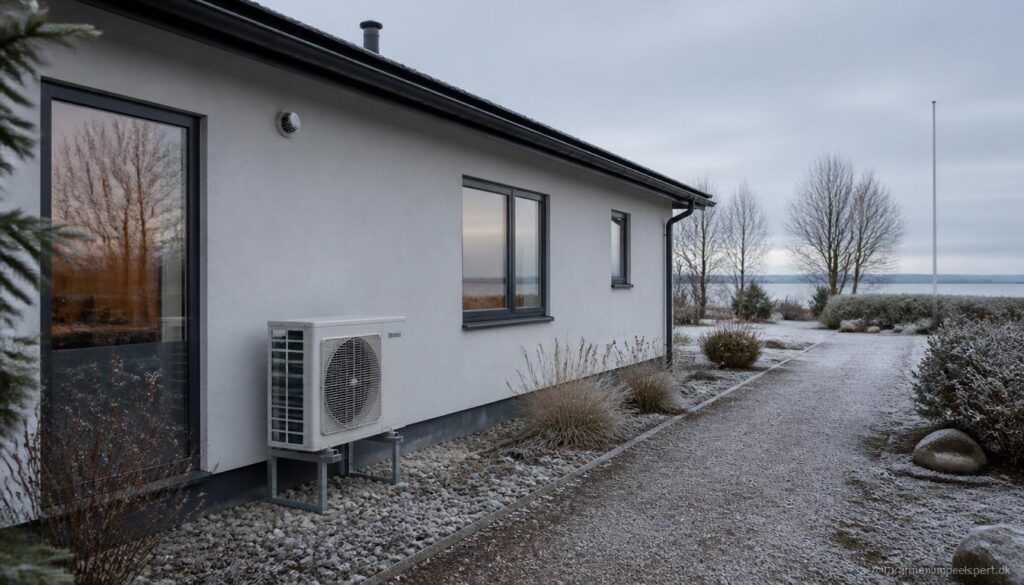 Vinterlukket dansk sommerhus med varmepumpe til lav vedligeholdelsesvarme og frostklar vinterdrift.
