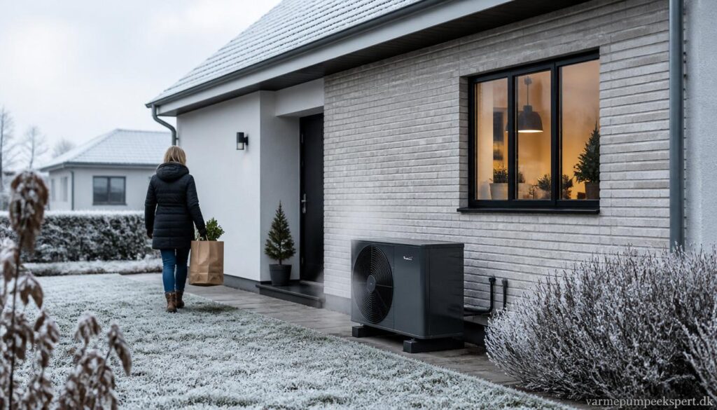 Energieffektivt dansk parcelhus med varmepumpe i drift under minusgrader på en kold vintermorgen.