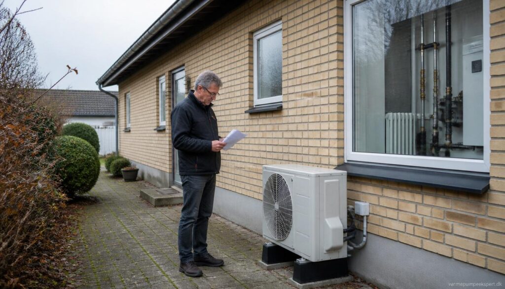 Ældre dansk parcelhus med varmepumpe og tekniske tilpasninger, der kan give ekstra omkostninger ved installation.