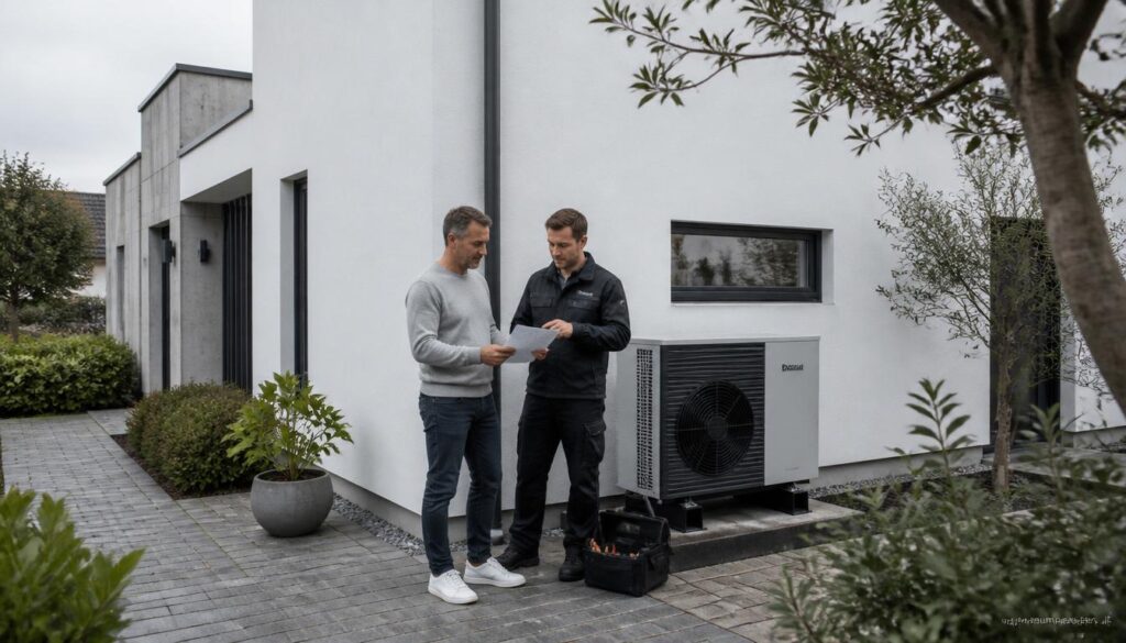 Boligejer og servicetekniker ved luft til vand-varmepumpe under årligt eftersyn ved et energieffektivt dansk hjem.