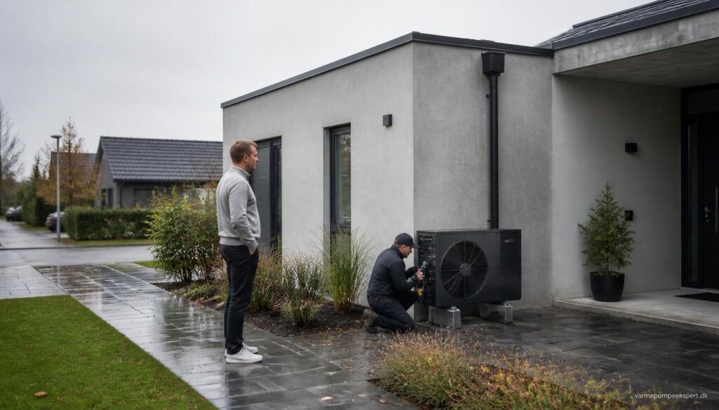 Servicetekniker kontrollerer kølemiddel på varmepumpe ved dansk parcelhus i roligt boligområde.