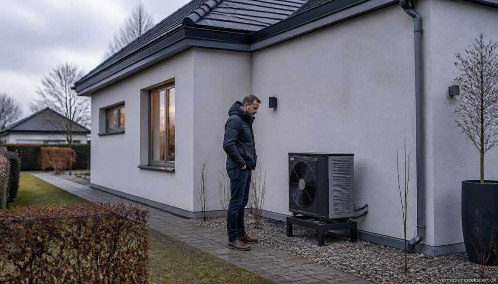 Varmepumpe ved dansk helårshus hvor boligejer undersøger, hvorfor anlægget starter og stopper hele tiden.