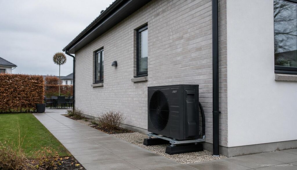 Varmepumpe installeret diskret ved siden af dansk parcelhus med fokus på god placering af udedel og fri luft omkring anlægget.