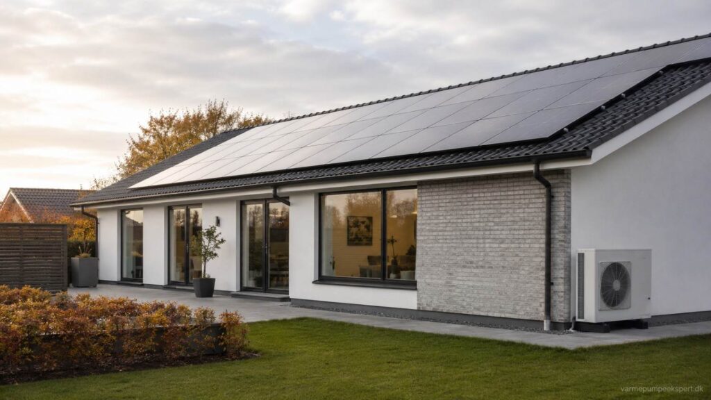 Energieffektivt dansk hjem med solceller og luft til vand-varmepumpe.