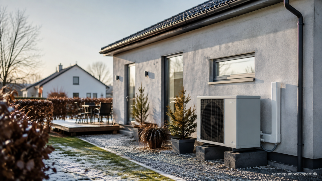 Varmepumpe installeret ved moderne helårssommerhus i Danmark med energieffektiv opvarmning og diskret placering langs husets side.
