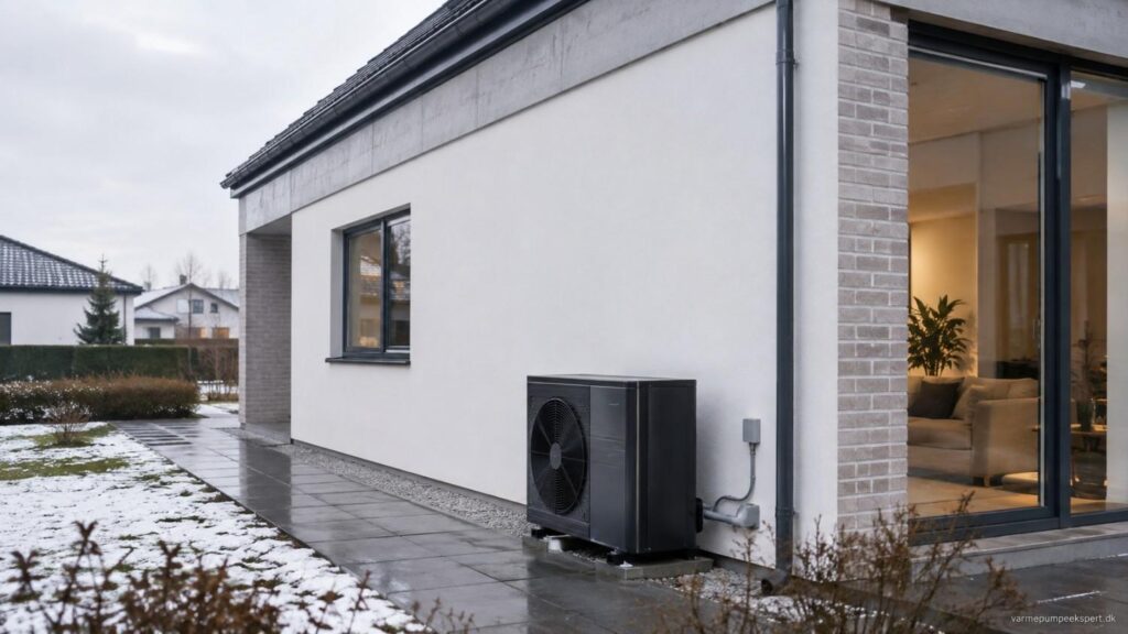 Ny luft til vand-varmepumpes udedel installeret diskret ved dansk helårshus som løsning ved udskiftning af en ældre udedel.