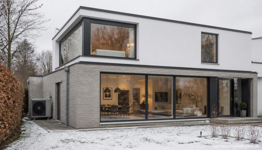 Nordisk familiebolig med luft til vand-varmepumpe, gulvvarme i stueplan og radiatorer på førstesalen som kombineret varmeløsning.