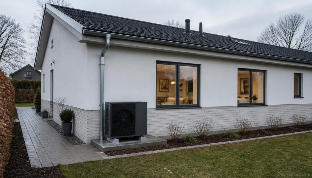 Varmepumpe ved 1-plans dansk parcelhus med radiatorer og energieffektiv opvarmning.