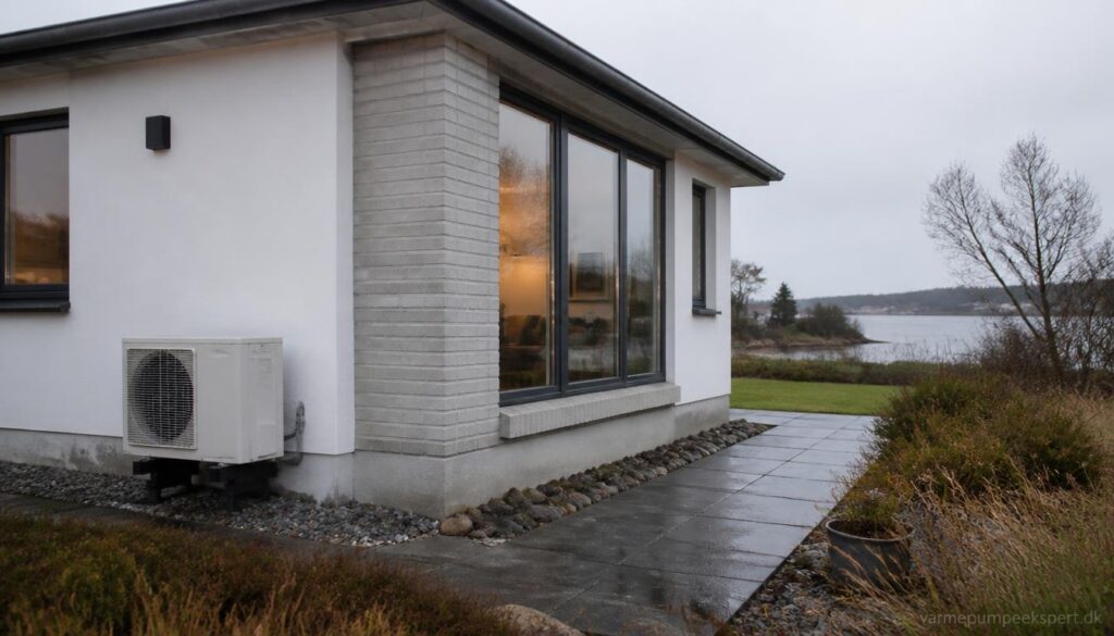 Varmepumpe ved dansk sommerhus til vinterbrug med diskret udedel og nordisk boligmiljø.