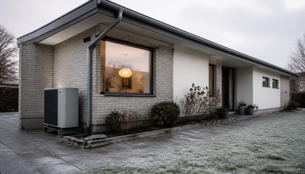 Ældre dansk parcelhus med begrænset isolering og diskret installeret luft til vand-varmepumpe, der viser en energieffektiv opvarmningsløsning.