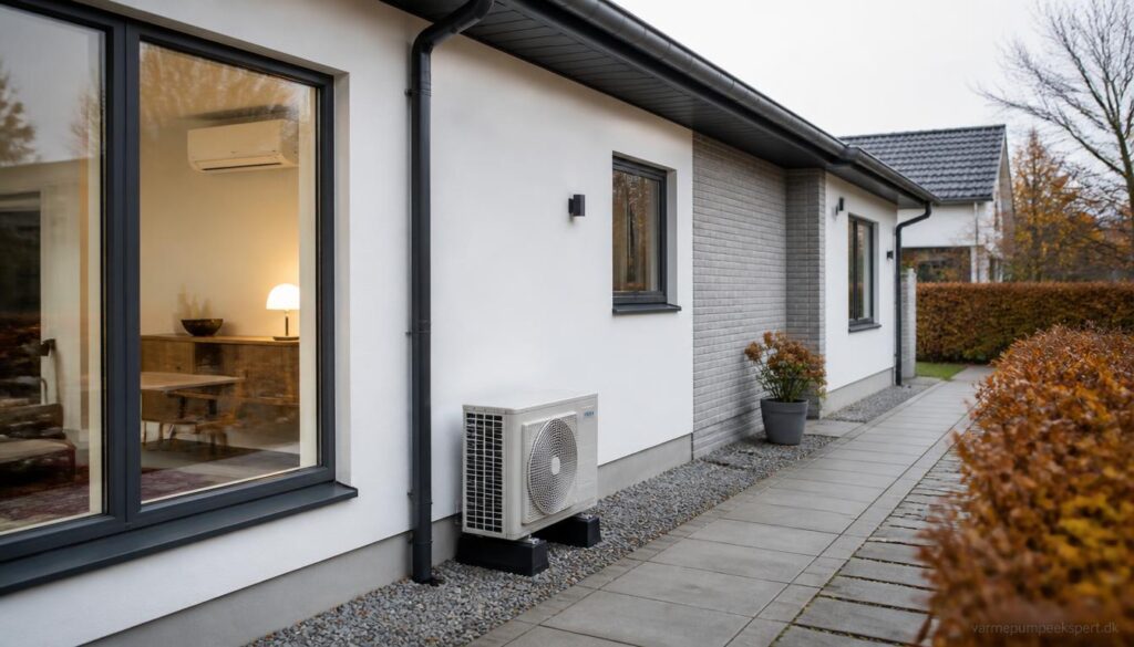 Luft til luft-varmepumpe i dansk helårshus med fokus på regelmæssig rengøring og vedligeholdelse.