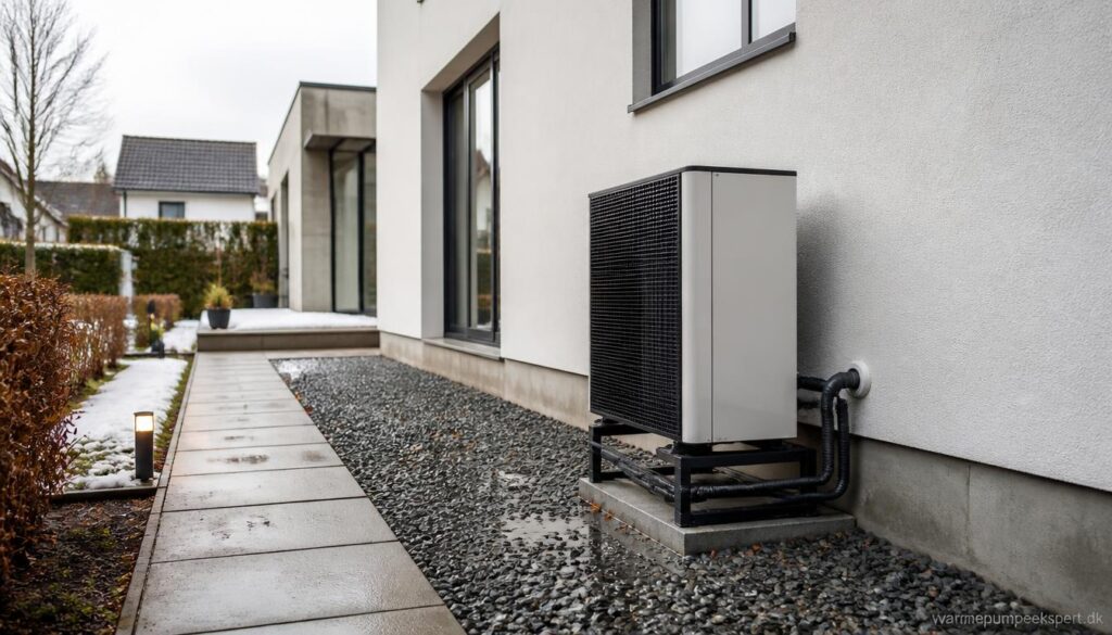 Energieffektivt hjem i Danmark med luft til vand-varmepumpe og korrekt afledning af kondensvand ved udedelen.