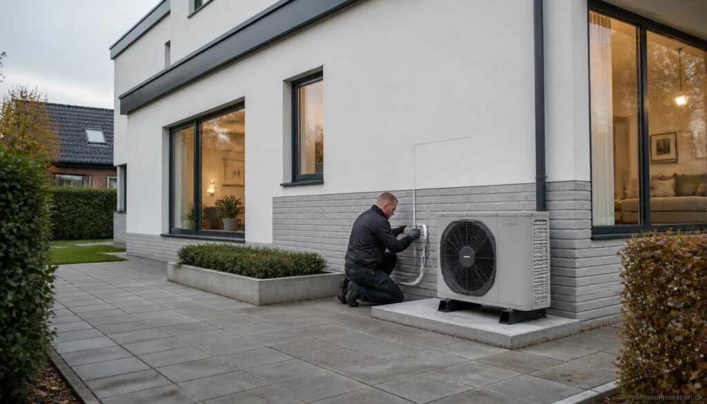 Professionel flytning af luft til vand-varmepumpe ved dansk parcelhus med ny placering langs husets side i et moderne skandinavisk boligmiljø.