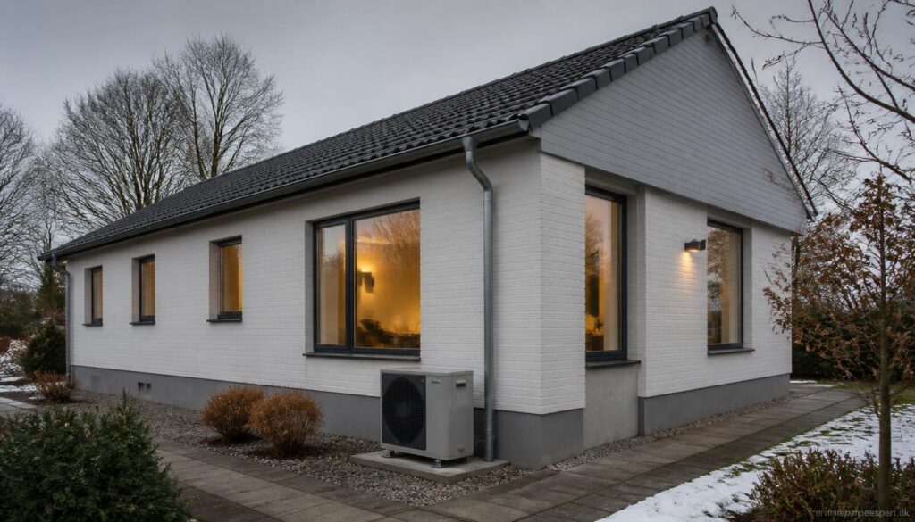 Ældre dansk parcelhus med varmepumpe og forbedret isolering for bedre varmepumpeøkonomi.