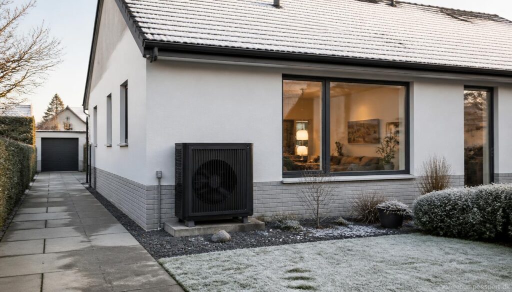 Dansk familiehus med luft til vand-varmepumpe efter udskiftning af gasfyr, der illustrerer lavere varmeudgifter og energieffektiv opvarmning.