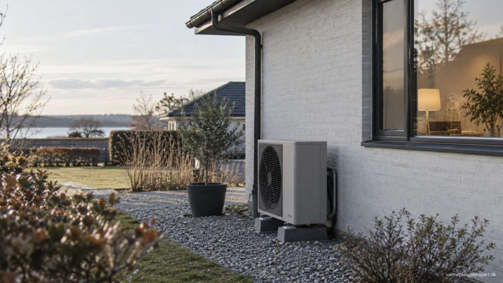 Varmepumpe diskret placeret ved dansk hus med fokus på lydniveau og placering.