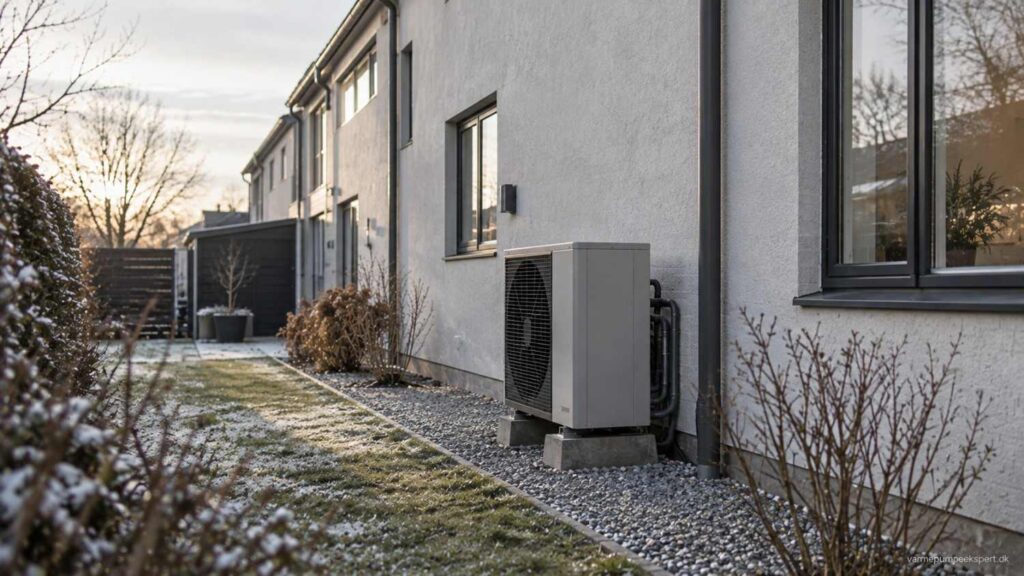 Professionelt installeret varmepumpe langs siden af et skandinavisk rækkehus en stille vinterdag.