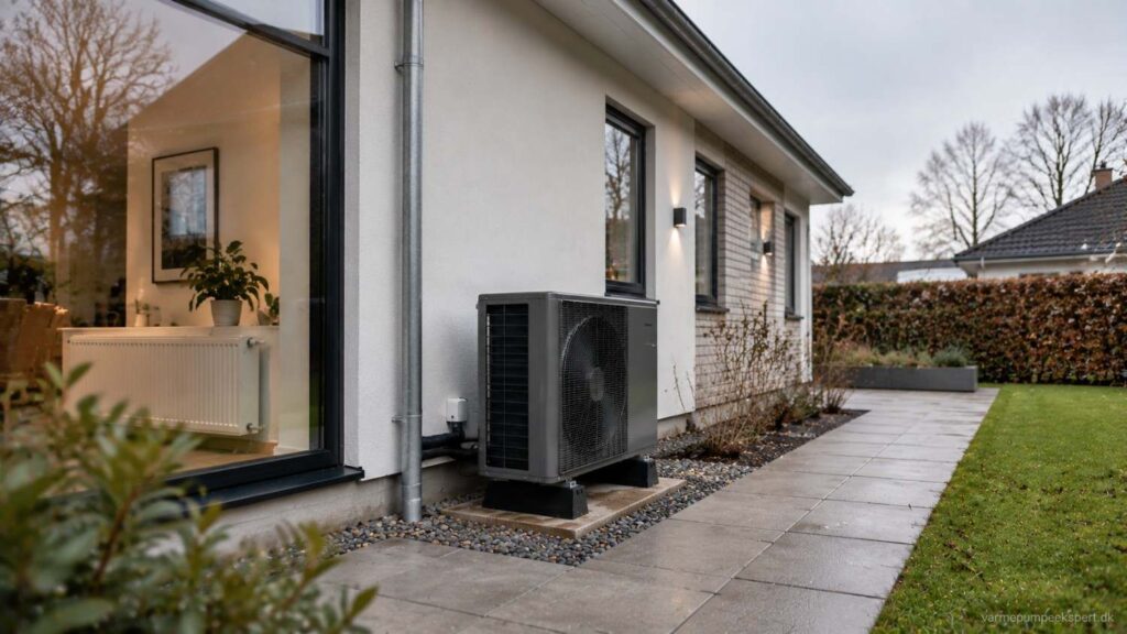 Luft til vand-varmepumpe ved dansk familiehus med fokus på energieffektiv opvarmning og varmepumpens COP.
