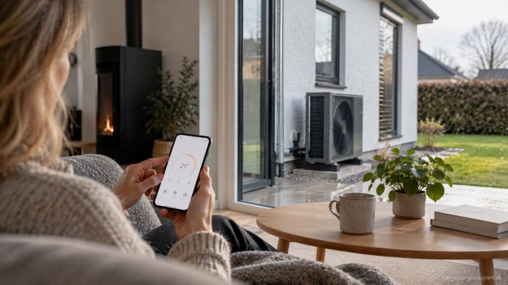 Fjernstyret varmepumpe i dansk hjem via mobilapp.